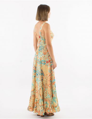 Vestido largo poliester tirantes anchos sari estampado zaari bordado con hilo plateado