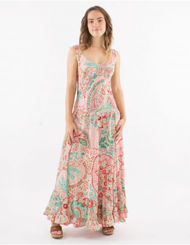 Vestido largo poliester tirantes anchos sari estampado zaari bordado con hilo plateado