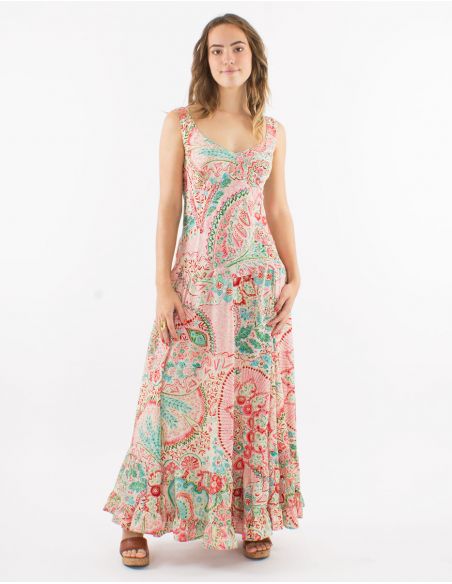 Vestido largo poliester tirantes anchos sari estampado zaari bordado con hilo plateado