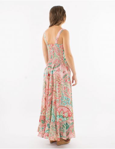 Vestido largo poliester tirantes anchos sari estampado zaari bordado con hilo plateado