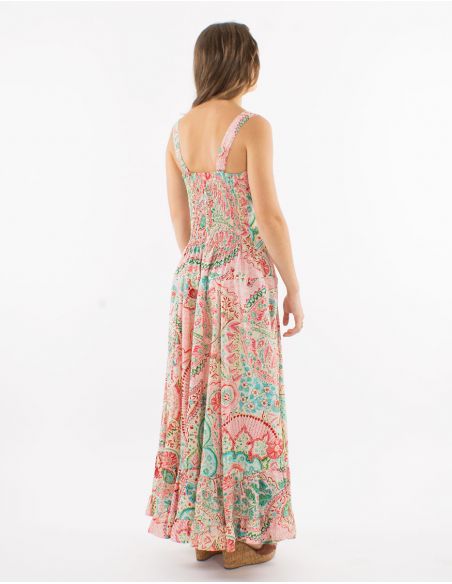 Vestido largo poliester tirantes anchos sari estampado zaari bordado con hilo plateado