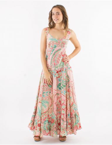 Vestido largo poliester tirantes anchos sari estampado zaari bordado con hilo plateado