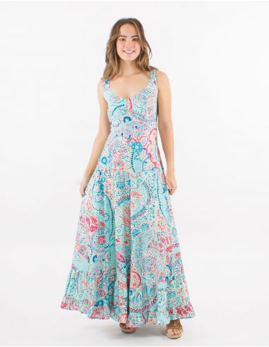 Vestido largo poliester tirantes anchos sari estampado zaari bordado con hilo plateado