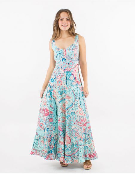 Vestido largo poliester tirantes anchos sari estampado zaari bordado con hilo plateado