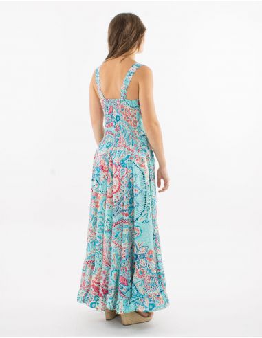 Vestido largo poliester tirantes anchos sari estampado zaari bordado con hilo plateado