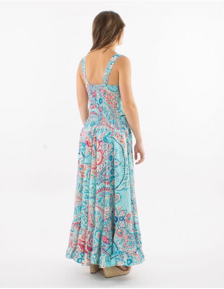 Vestido largo poliester tirantes anchos sari estampado zaari bordado con hilo plateado