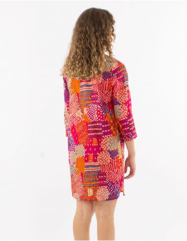 Vestido velo de algodon mangas 3/4 estampado etnico