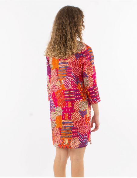 Vestido velo de algodon mangas 3/4 estampado etnico