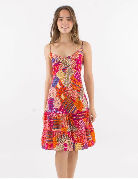 Vestido corto viscosa tirantes espalda eslastica estampado etnico