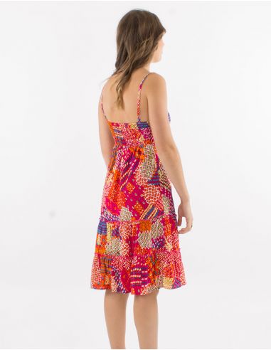 Vestido corto viscosa tirantes espalda eslastica estampado etnico
