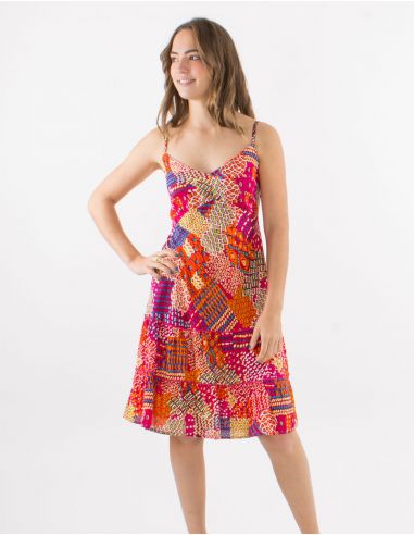 Vestido corto viscosa tirantes espalda eslastica estampado etnico