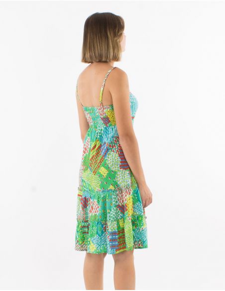 Vestido corto viscosa tirantes espalda eslastica estampado etnico