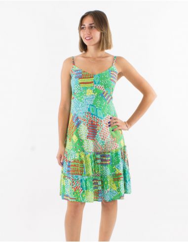 Vestido corto viscosa tirantes espalda eslastica estampado etnico