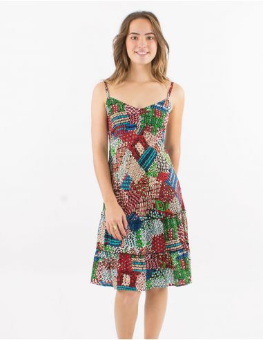 Vestido corto viscosa tirantes espalda eslastica estampado etnico