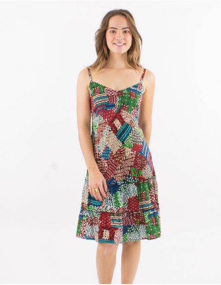 Vestido corto viscosa tirantes espalda eslastica estampado etnico