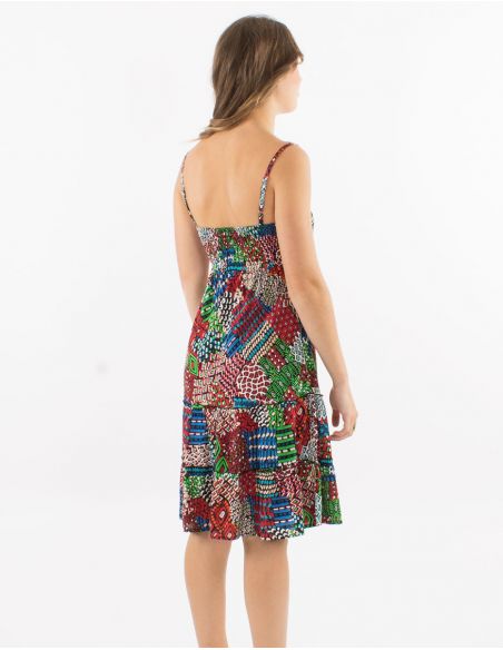 Vestido corto viscosa tirantes espalda eslastica estampado etnico