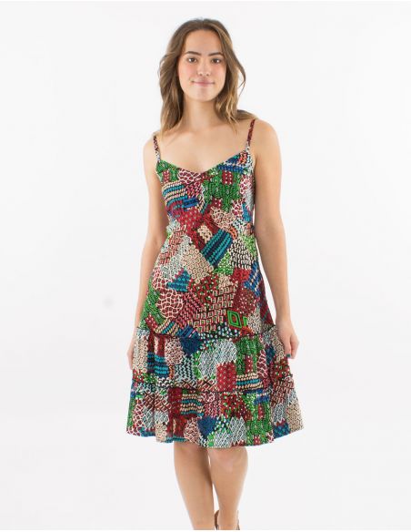 Vestido corto viscosa tirantes espalda eslastica estampado etnico