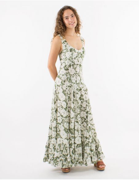 Vestido largo viscosa tirantes anchos estampado anemona