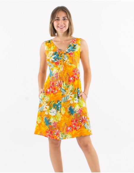 Vestido viscosa sin mangas cuello v estampado jungla