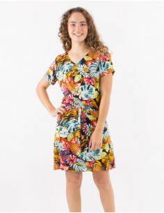 Vestido viscosa cuello v mangas cortasestampado jungla