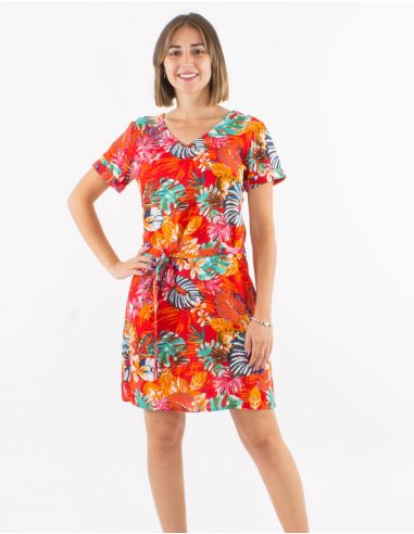 Vestido viscosa cuello v mangas cortasestampado jungla