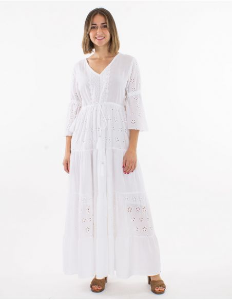 Vestido largo algodon bordado doblado con volantes mangas tulipan