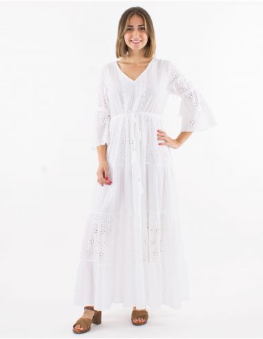 Vestido largo algodon bordado doblado con volantes mangas tulipan