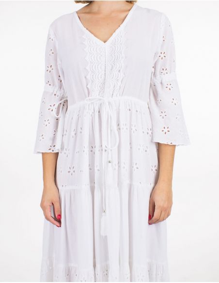 Vestido largo algodon bordado doblado con volantes mangas tulipan