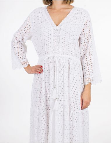 Vestido largo algodon bordado doblado mangas largas