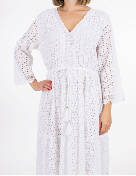 Vestido largo algodon bordado doblado mangas largas