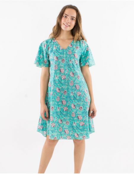 Vestido algodon mangas cortas estampado udai