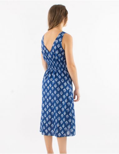 Vestido algodon talla smockee espalda sin mangas estampado indigo