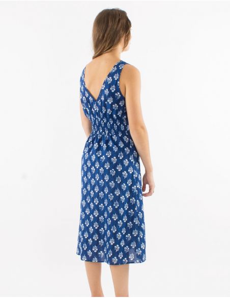 Vestido algodon talla smockee espalda sin mangas estampado indigo