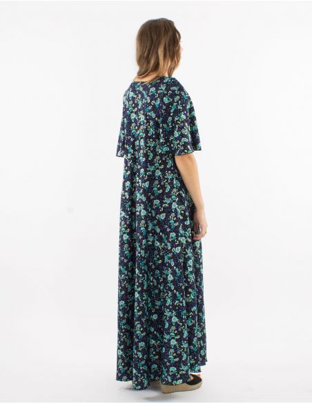 Vestido largo poliester cuello v mangas cortas estampado dorado