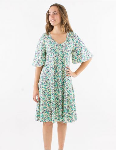 Vestido poliester cuello v mangas cortas estampado dorado