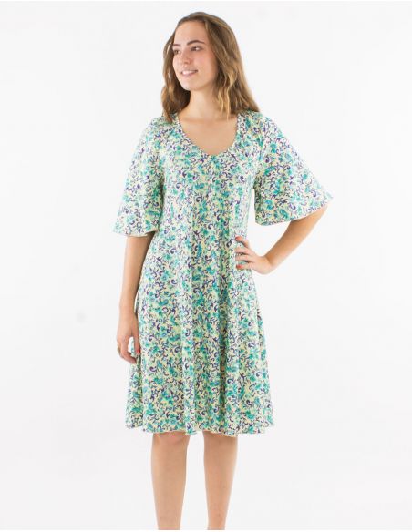 Vestido poliester cuello v mangas cortas estampado dorado