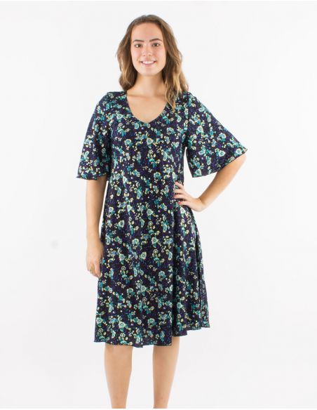 Vestido poliester cuello v mangas cortas estampado dorado