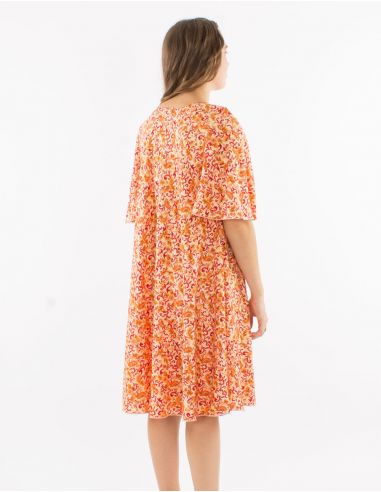 Vestido poliester cuello v mangas cortas estampado dorado