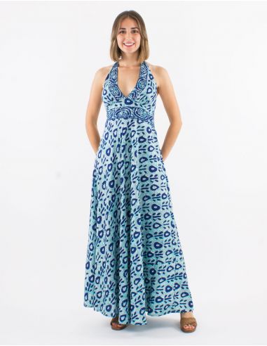 Vestido largo poliester espalda abierta estampado batik