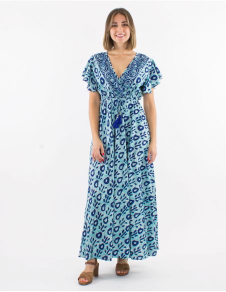 Vestido largo poliester mangas cortas estampado batik