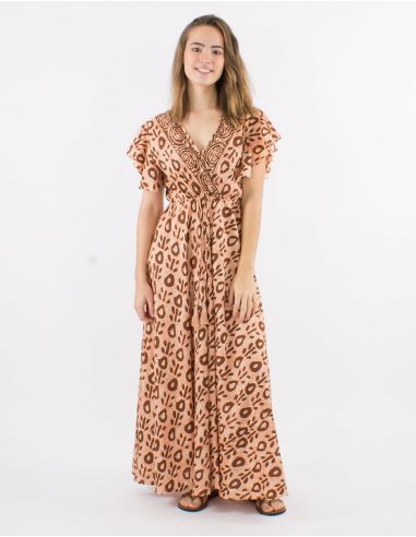 Vestido largo poliester mangas cortas estampado batik