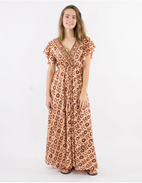 Vestido largo poliester mangas cortas estampado batik