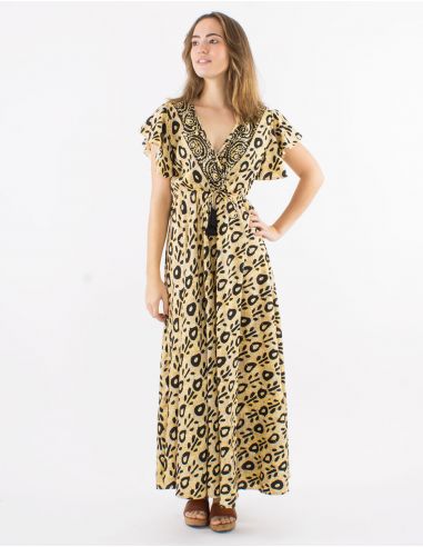 Vestido largo poliester mangas cortas estampado batik