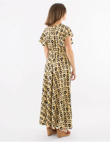 Vestido largo poliester mangas cortas estampado batik