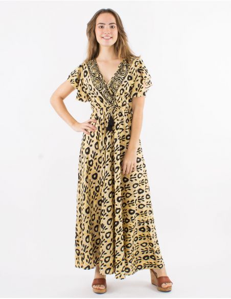 Vestido largo poliester mangas cortas estampado batik