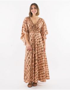 Vestido largo poliester mangas cortas tulipan estampado batik