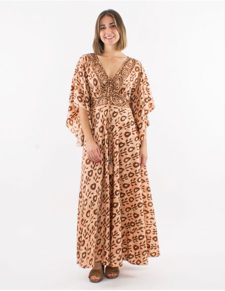 Vestido largo poliester mangas cortas tulipan estampado batik