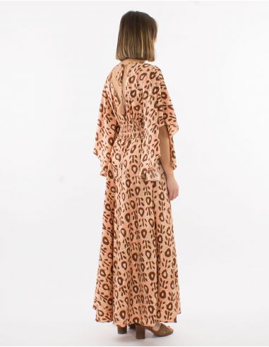 Vestido largo poliester mangas cortas tulipan estampado batik