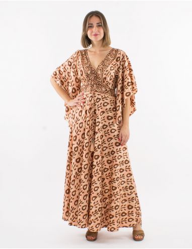 Vestido largo poliester mangas cortas tulipan estampado batik