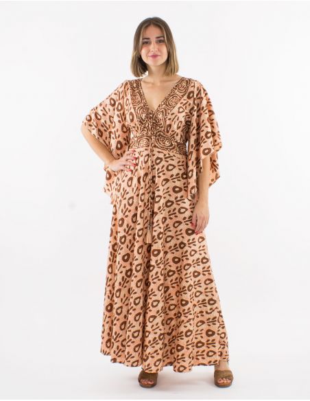 Vestido largo poliester mangas cortas tulipan estampado batik